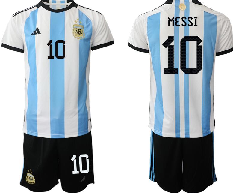Youth Argentina #10 Messi White/Blue 3 Stars Home Soccer Jersey Suit